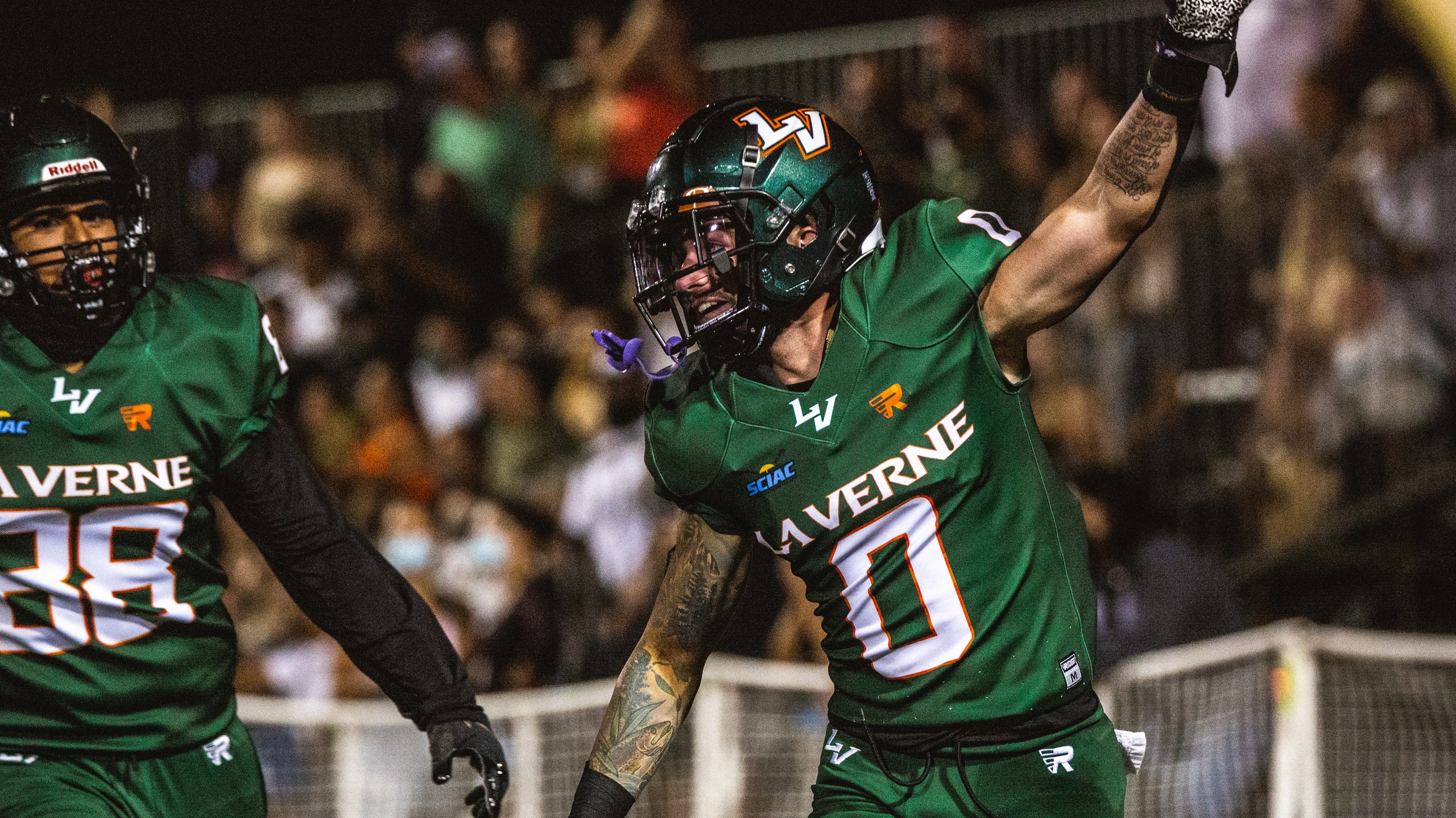 Spencer Pool celebrates after scoring a 79-yard touchdown reception in La Verne's 42-0 win over Whittier.