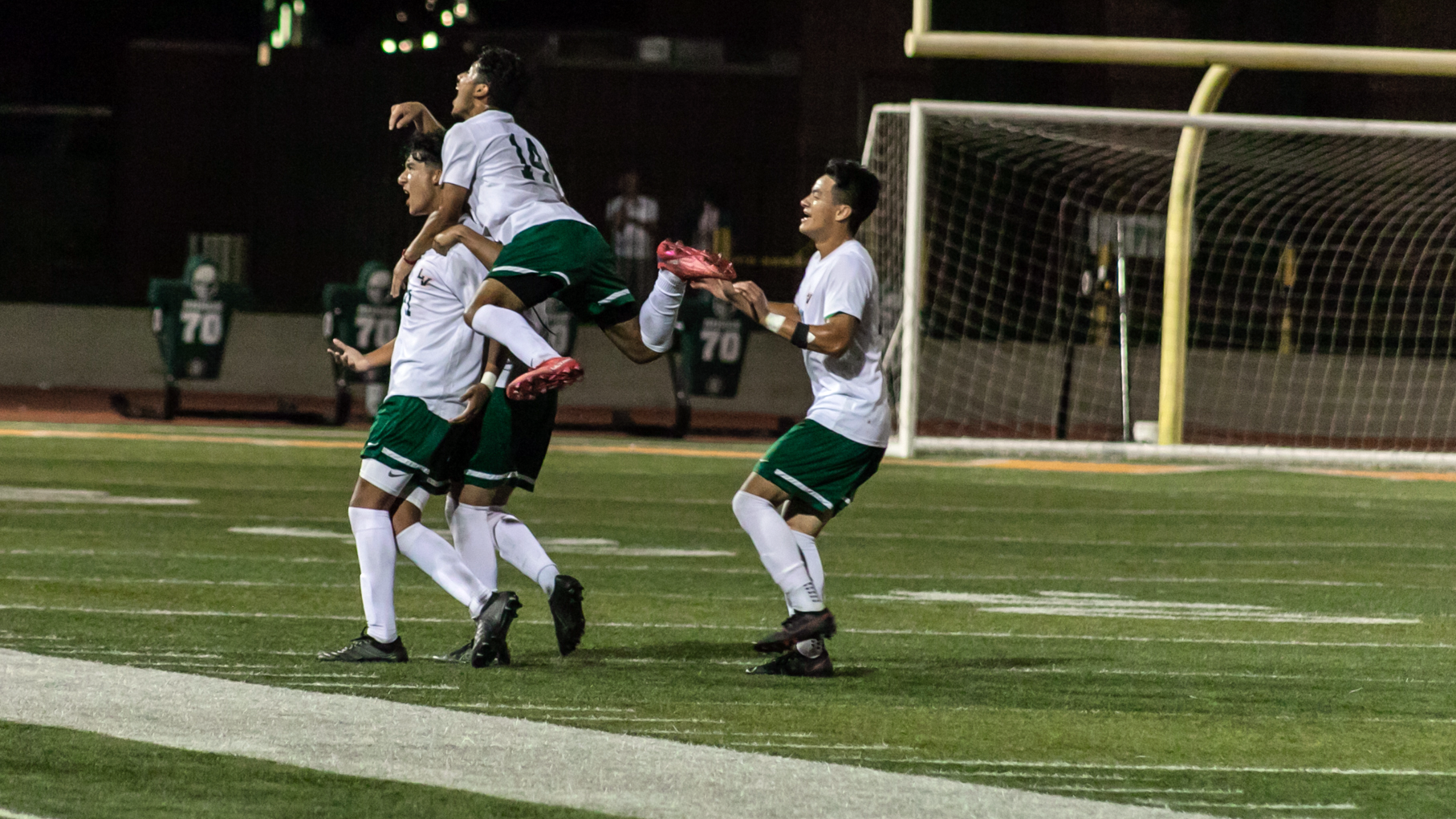 La Verne men's soccer celebrates after Joel Trejo ties the game off an incredible free kick.