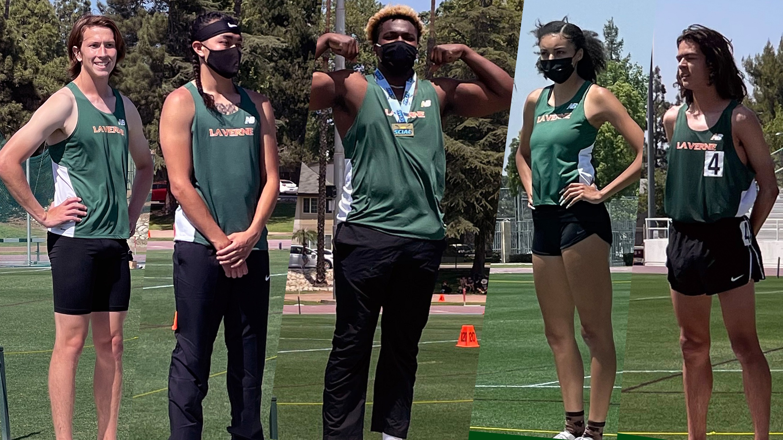 Subdue Ezinwa (center) won the SCIAC Championship in the discus. Zachary Reid,  Dominic Flores, Olivia Magby, and Michael Sahagun each earned runner-up finishes.