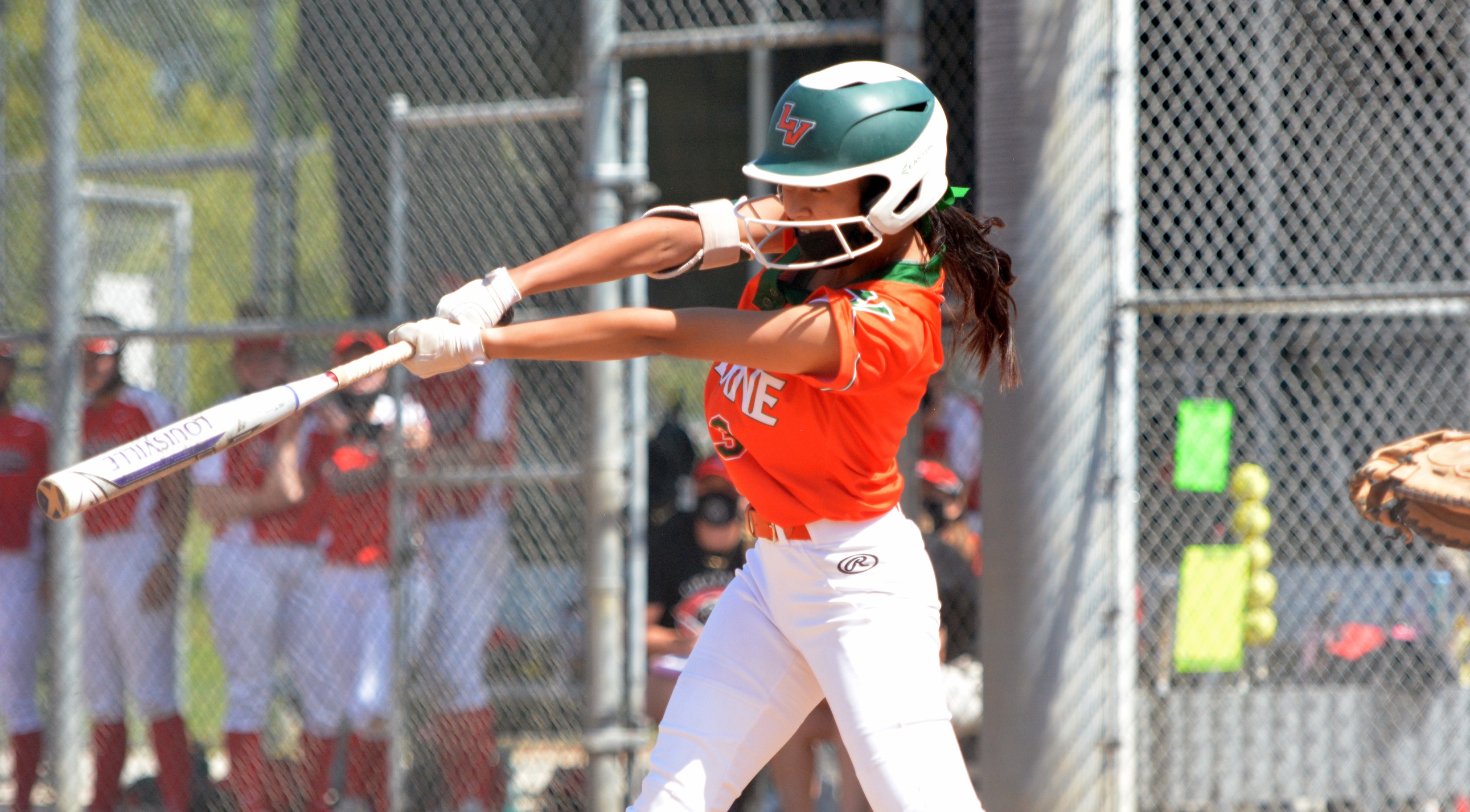 Haylee Hsieh blasts an RBI double in the opening round of the SCIAC Tournament.